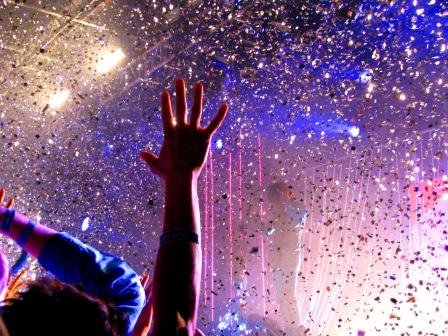 Photo: The Flaming Lips release confetti as thousands of music and art lovers flocked to the Capito...