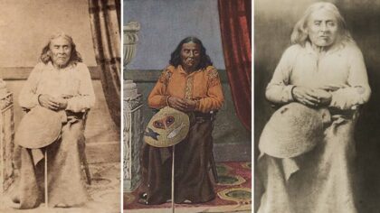 Images: Images of Chief Seattle, include, from left to right, Edward Sammis' original circa 1865 photo, a colorized variation from sometime later and a version with hand-painted "open" eyes.