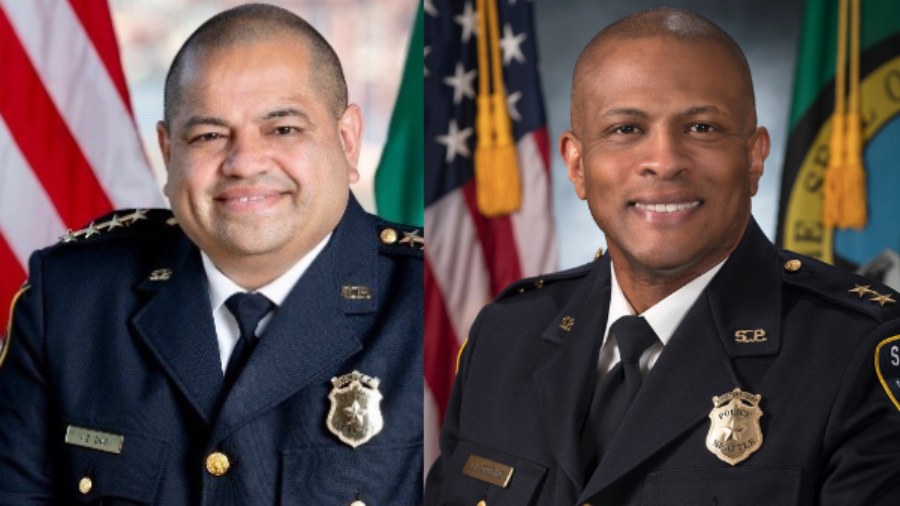 Image: Seattle Chief of Police Adrian Diaz, left, and Seattle Police Department Captain Eric Greeni...