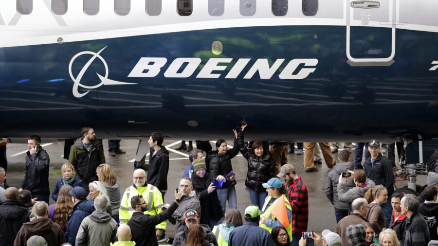 Image: A Boeing 737 Max 7 is displayed during a debut for employees and media of the new jet in Ren...