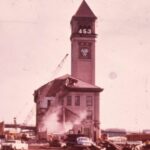 The Great Northern Railway tower was preserved for Expo ’74 while the rest of the station was demolished; the 453 number is a countdown to the opening of the fair in May 1974. (Photo courtesy of Northwest Museum of Arts & Culture)