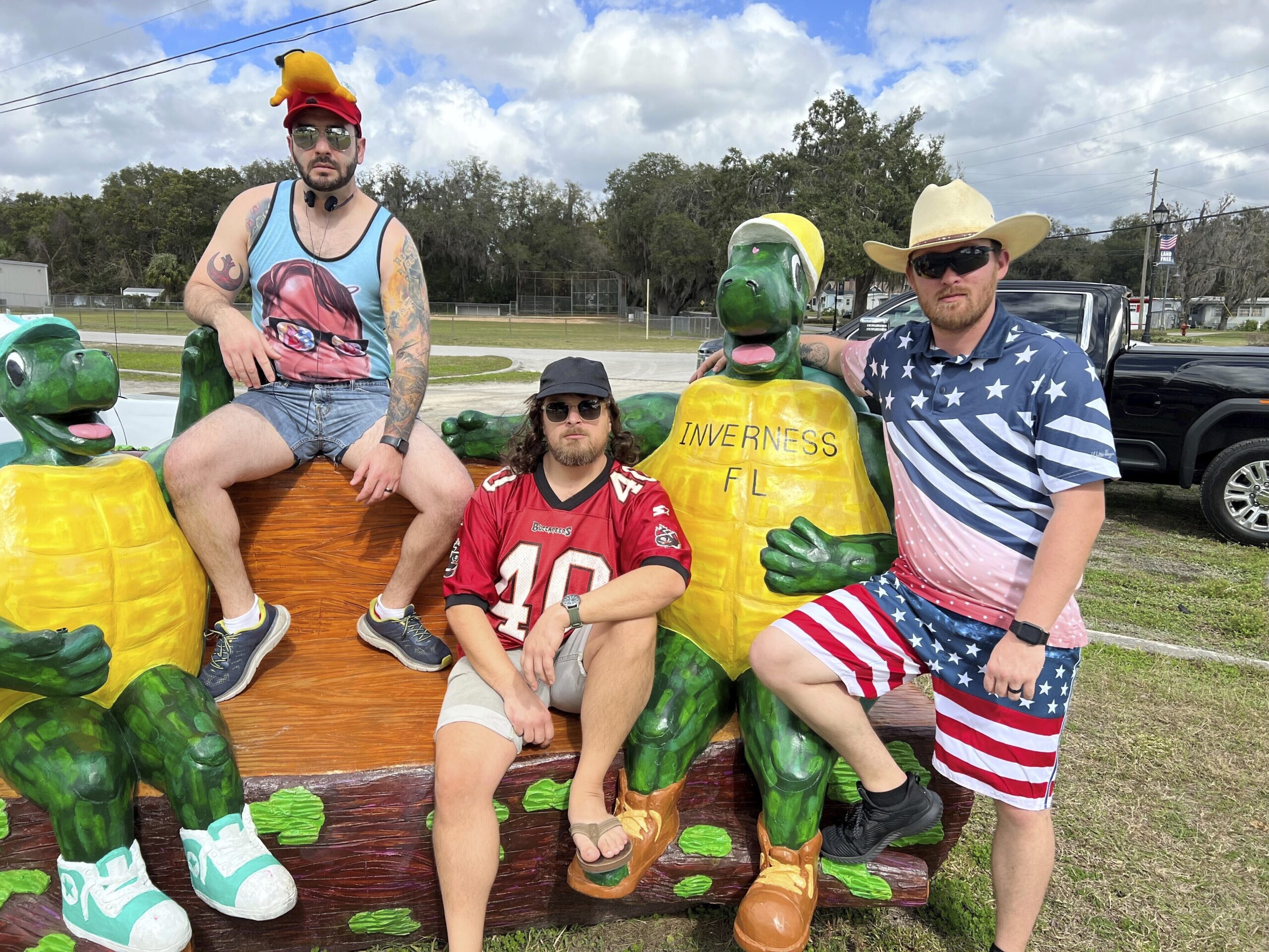 This image provided by Tyler Watts shows Florida Man Games competitors, from left, Joshua Barr, Mic...