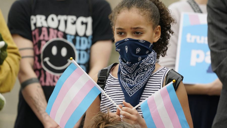 Photo: A young child holds a pair of trans pride flags at a noon gathering on the steps of the Miss...