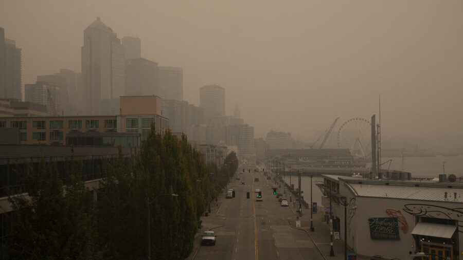 Photo: Smoke from wildfires fills the air along Alaskan Way on September 12, 2020 in Seattle, Washi...