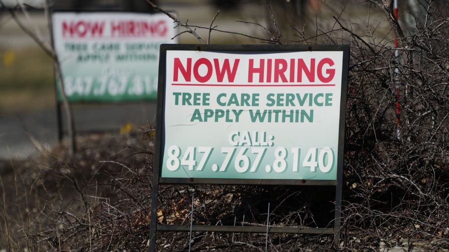 Photo: A hiring sign for tree care service work is posted in Wheeling, Ill., Sunday, March 19, 2023...