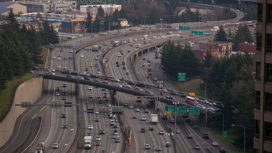 Image: Traffic on Interstate 5 passes through downtown on Nov. 28, 2013, in Seattle. Seattle, locat...
