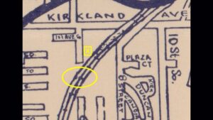 Image :Map from 1953 shows (in oval area) where 6th Street South was a dead-end on both sides and did not cross the railroad tracks; yellow X shows approximate location of the "mystery cottage" at Fisk Family Park.