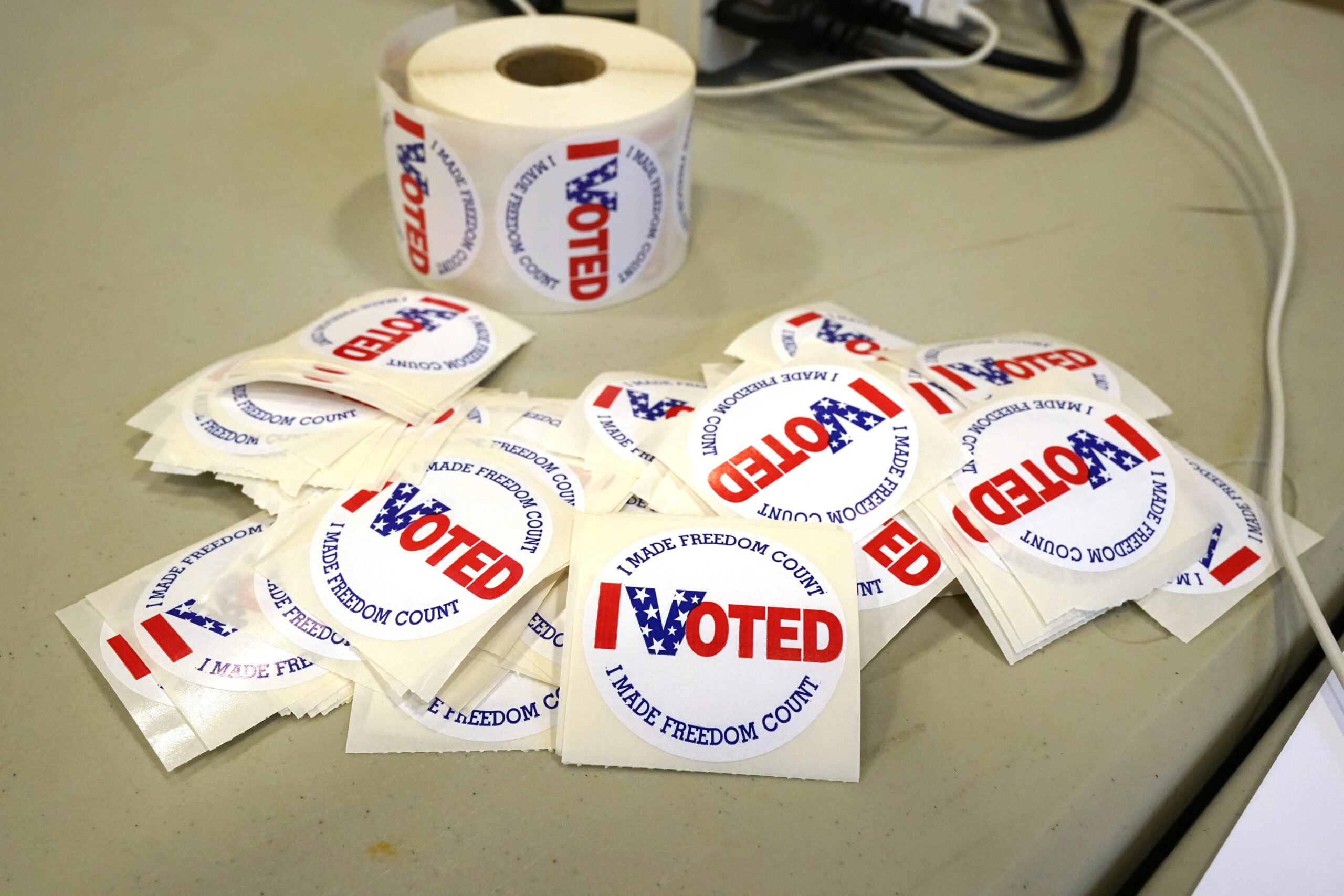 "I Voted" stickers are ready to be distributed to each person who filled out a ballot. (AP Photo/Ro...