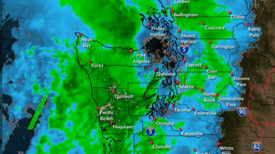 National Weather Service radar showed front moving through Western Washington. (NWS)...
