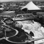 Aerial view of the falls of the Spokane River which gave Expo ’74 its dramatic setting. (Photo courtesy of Northwest Museum of Arts & Culture)