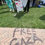 "Free Gaza" can be seen written on a path at a pro-Palestinian tent encampment on the campus of the University of Washington in Seattle on Monday, April 29, 2024. (Photo: Feliks Banel, KIRO Newsradio)