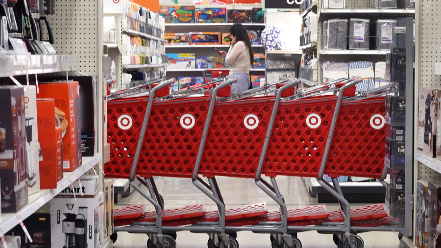 Image: Shopping carts sit inside a Target store on Aug. 16, 2023....